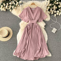 French pleated silmlong holiday style chiffon pleated long skirt pure colorelegantv necknew arrivalfrenchdress