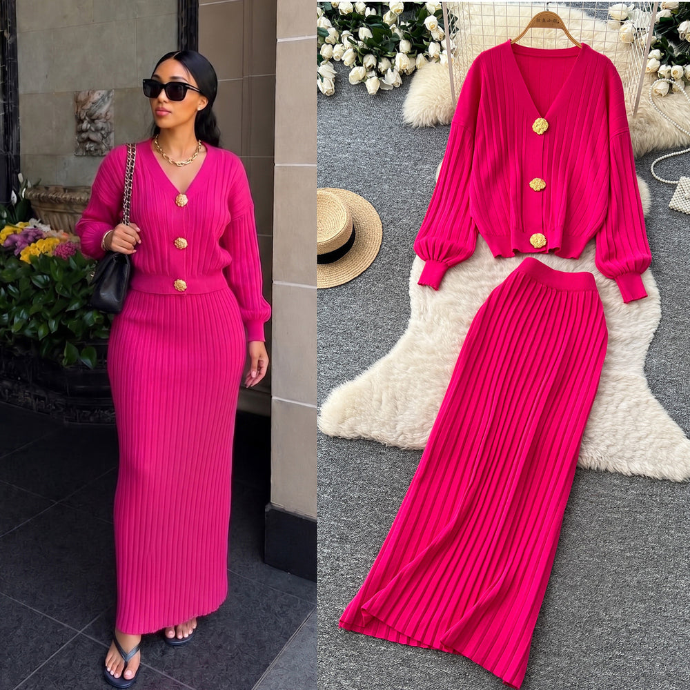 Lazy style metal buckle knittingcardigantopstwo-piece set women's autumclassy sense silm hip skirt suit