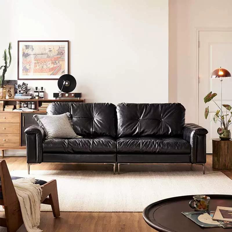 Nebula sofa, glossy black oil wax leather, high-back, small apartment, retro, vintage, southeast asian style