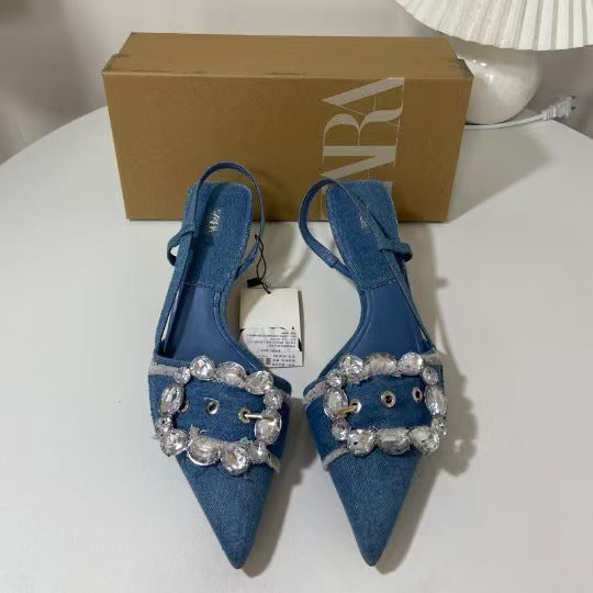 Za high heels women's 2025 new pointed toe blue denim women's shoes rhinestone square buckle decorated stiletto fashion sandals women