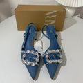 Za high heels women's 2025 new pointed toe blue denim women's shoes rhinestone square buckle decorated stiletto fashion sandals women