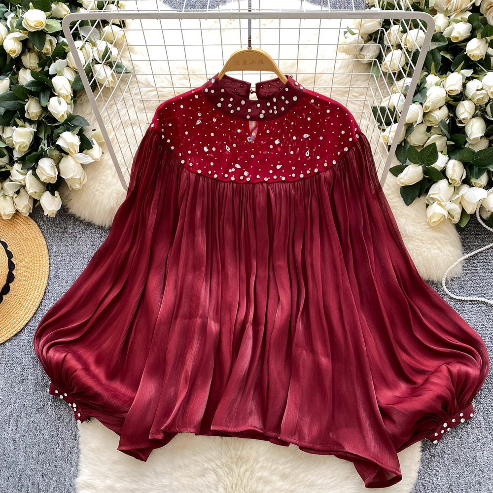 French style palace style heavy industry hot diamond mesh patchwork lantern sleeve streamer mesh shirt loose flesh-covering tops