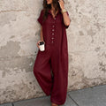 Independent station fashion cross-border  summercasualelegantwork clothingpure colorshirt button loose short-sleeved jumpsuit
