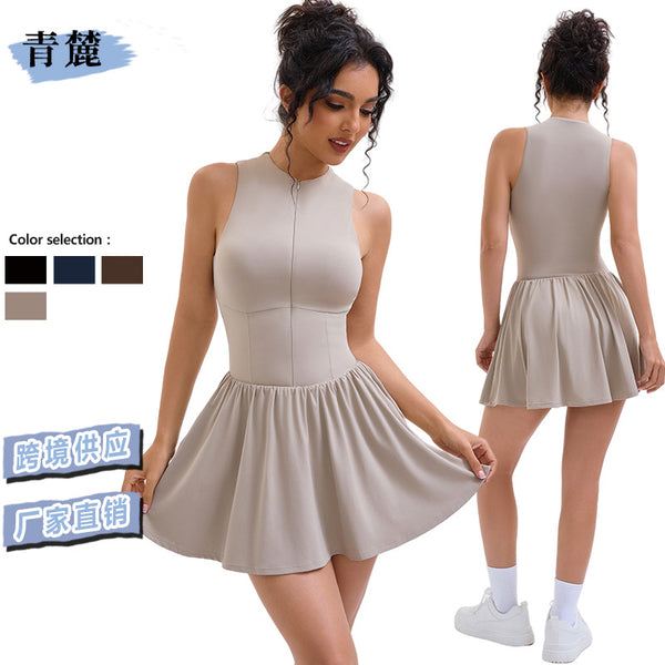 summer solid color sleeveless splicing sports dress half zipper short skirt yoga fitness dress breathable and light
