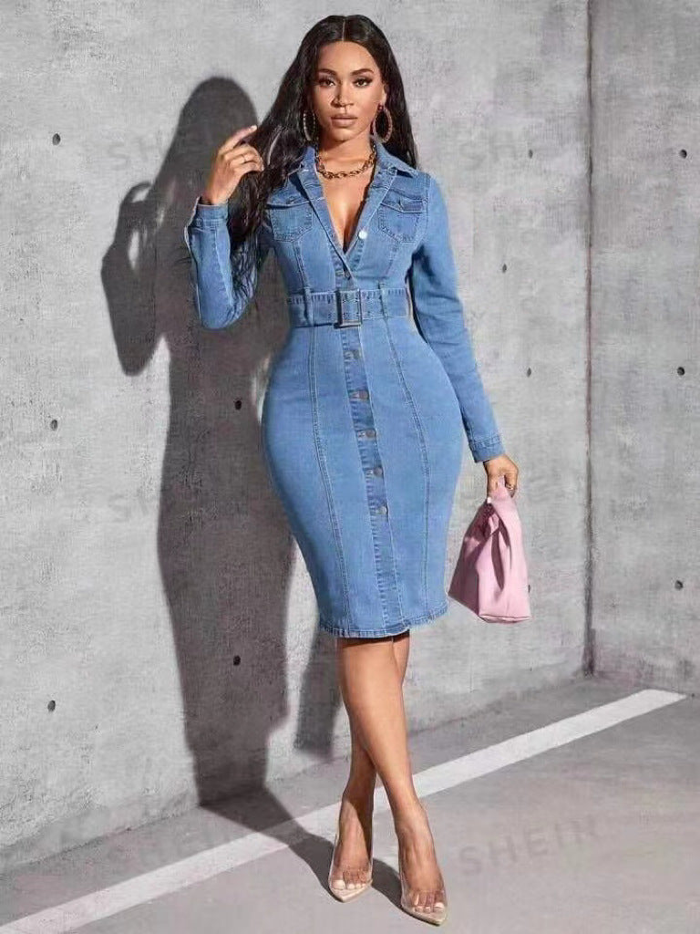 Cross-border Europe, America,  new women's clothing fashion lapel cardigan slim denim dress  wholesale women