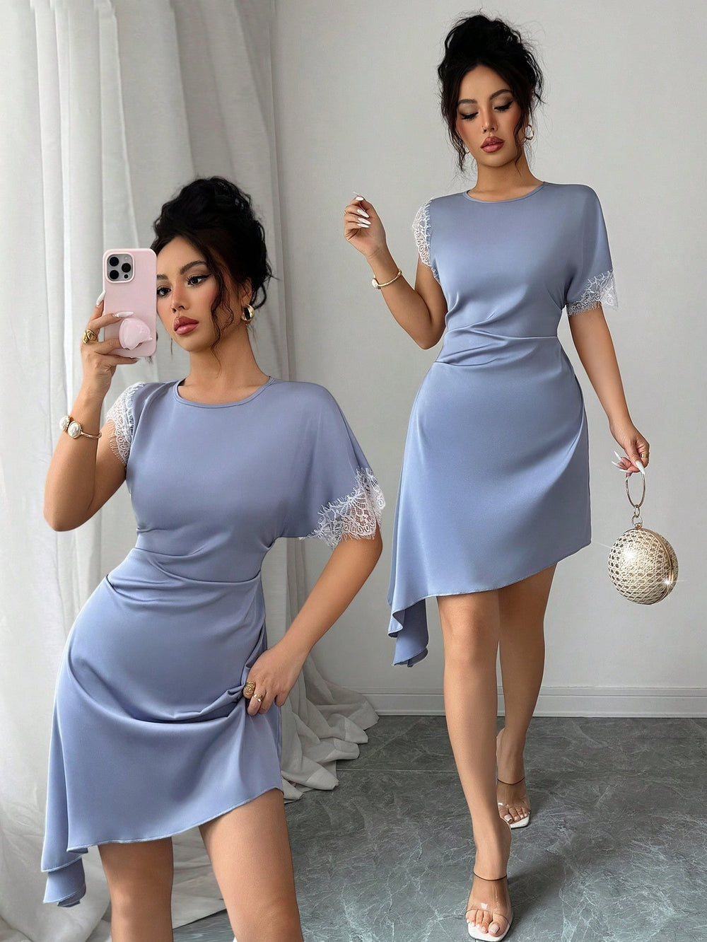 Amazon fashion cross-border lacepatchwork side twist waist asymmetrical hem elegantshortdress skirt