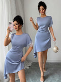 Amazon fashion cross-border lacepatchwork side twist waist asymmetrical hem elegantshortdress skirt