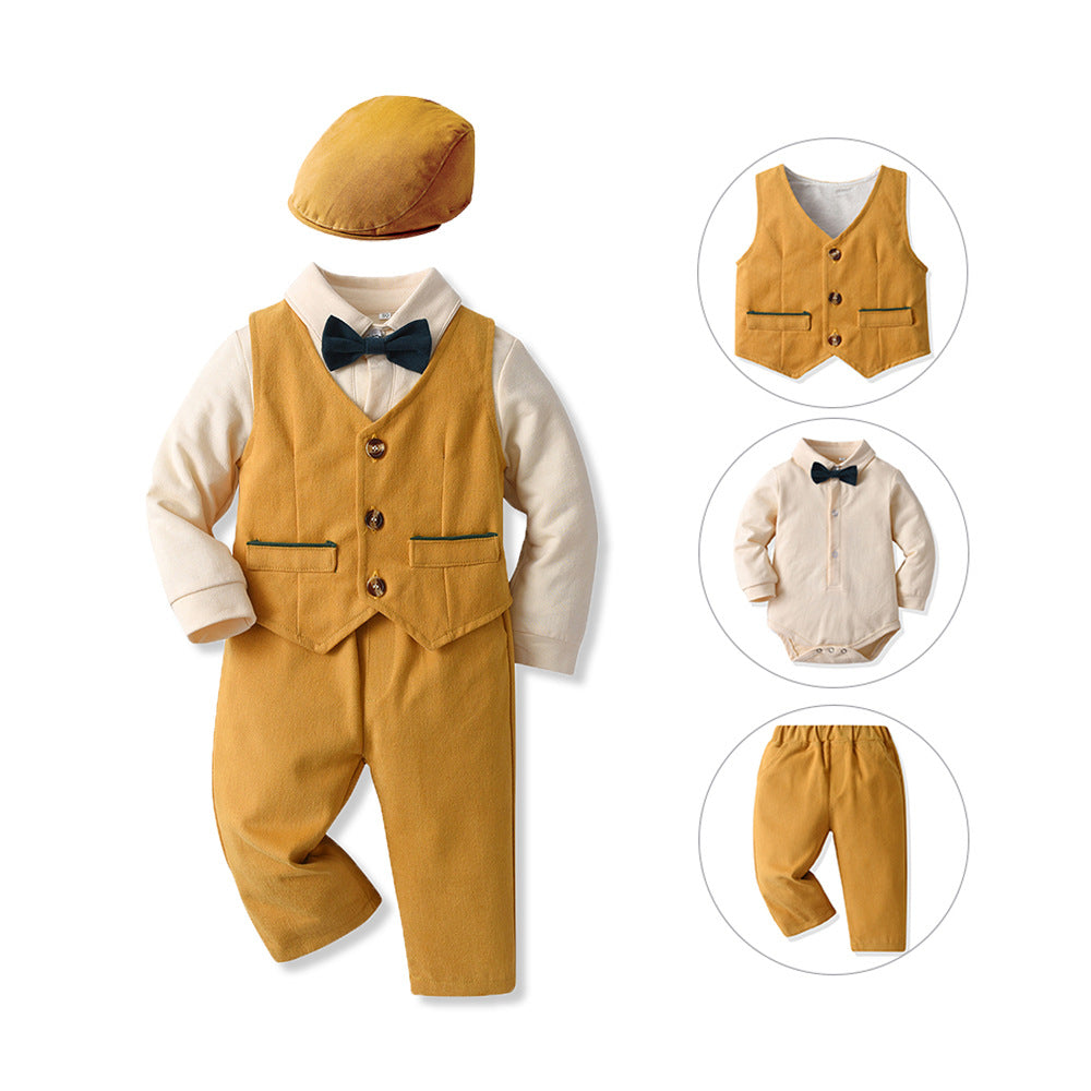 New korean style export children's suit: baby long-sleeve cotton shirt, vest set, and beret three-piece outfit