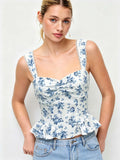 summer new arrival: white floral print cami top with lace trim, open back, and ruffle detail – perfect for vacation, date night, or a spicy summer look