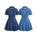 Fashion cross-border women's clothing   independent station new arrival denim short-sleeved cardigan waist dress for women