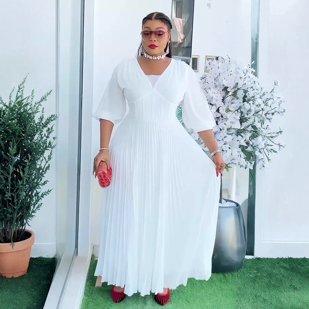 Aliexpress cross-border african new plus size women's elegant maxi dress, european and american foreign trade trendy v-neck pleated dress