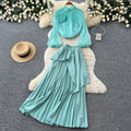 Light mature style red lantern sleeve stereo flower two-piece set women's spring waist pleated skirt classyelegantsuit