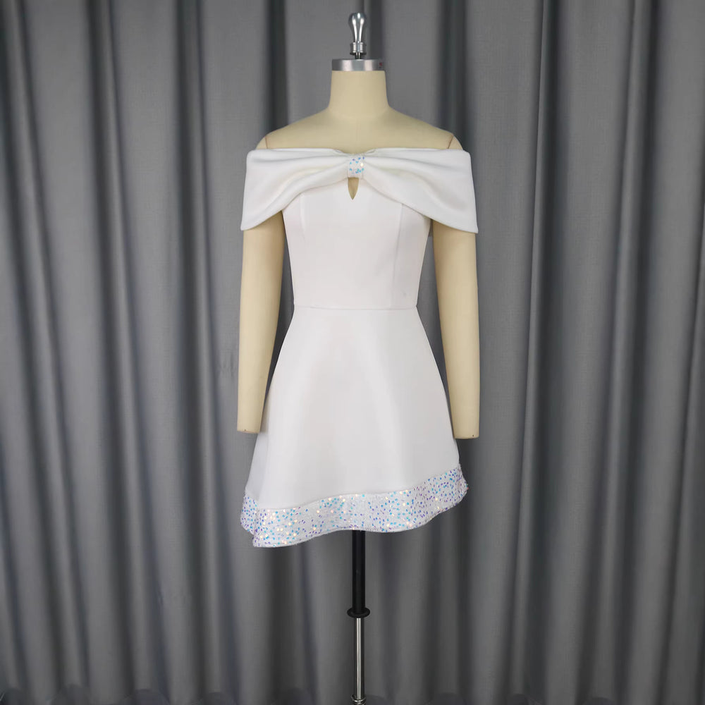European and american sexy bowknot off-the-shoulder sequin bodycon bandeau waist party a-line dress