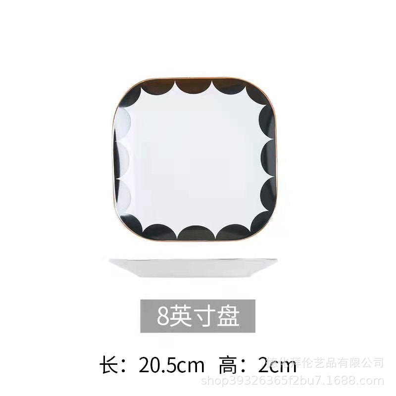 Minimalist nordic gold-trimmed western dinner plate creative tableware ceramic model room club steak plate black and white geometric set
