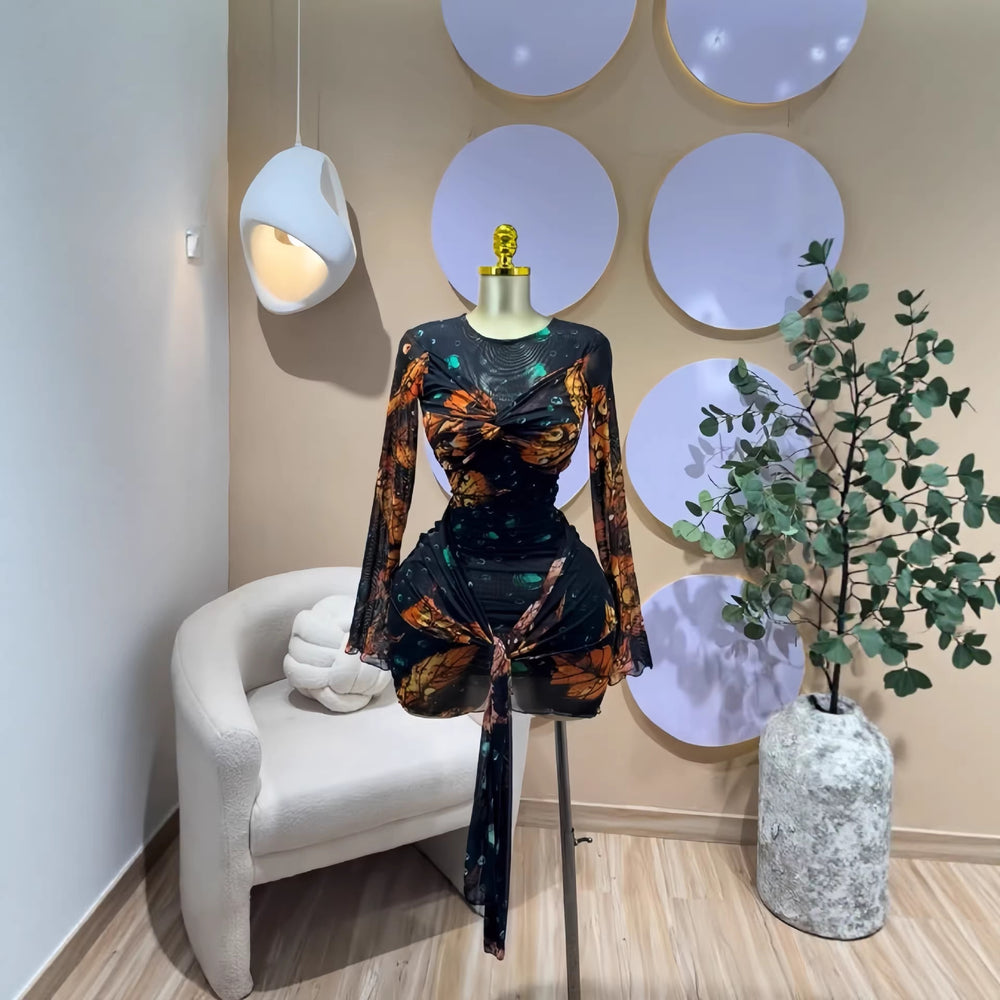 European and american cross-border women's fashion:  spring new arrival - long sleeve crew neck bandeau waist cincher ribbon detail bodycon mini dress