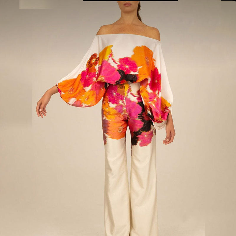 european and american women's fashion printed off-the-shoulder loose batwing sleeve cinched-waist wide-leg pants two-piece set, customizable