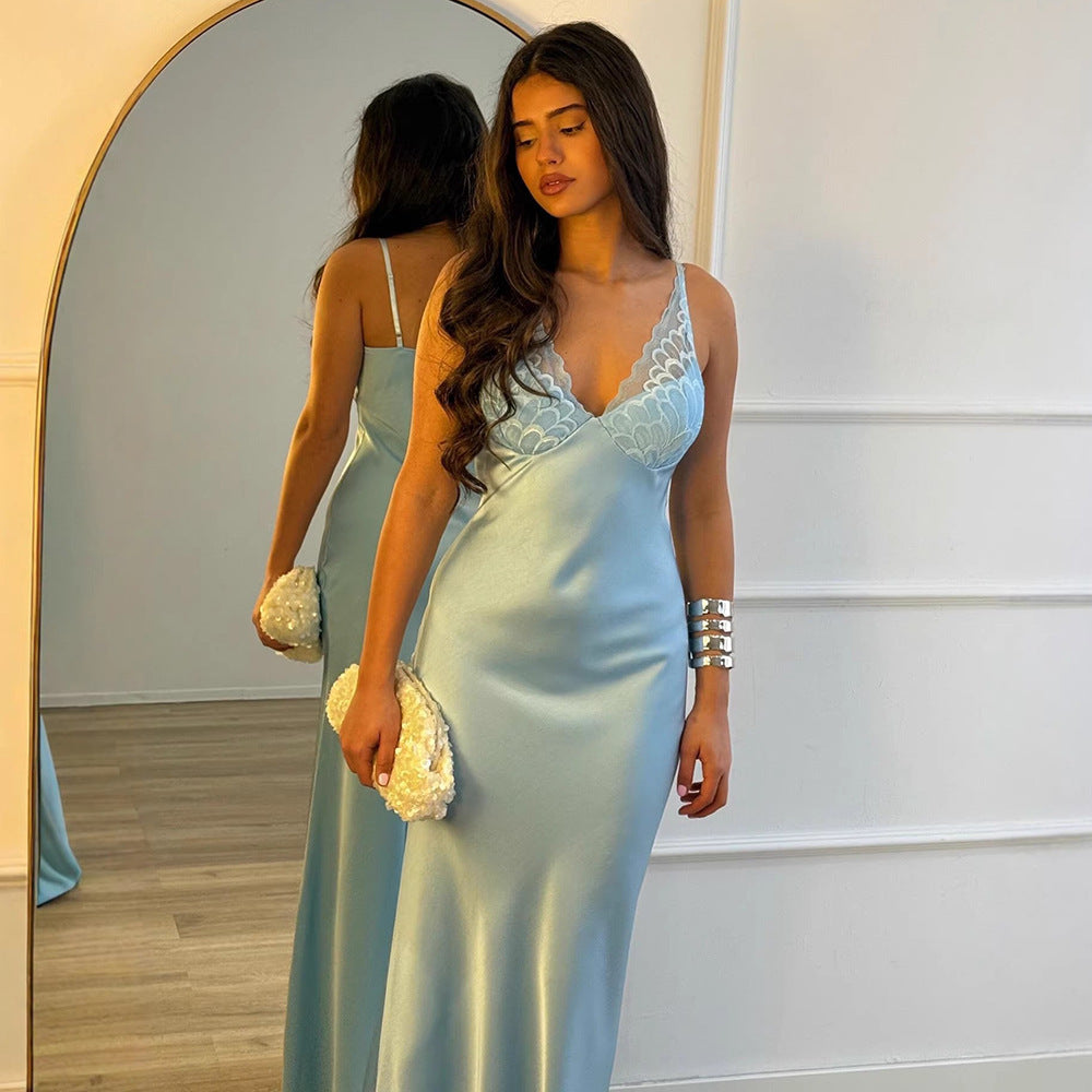 Amazon women's clothing  new arrival: elegant, luxurious, and sexy camisole maxi dress - deep v-neck, slim fit, open back