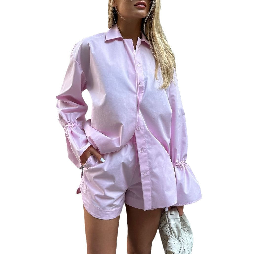 Europe and the United States  2025 spring loose casual suit women's 100% cotton lace-up petal sleeve cardigan shorts two-piece set