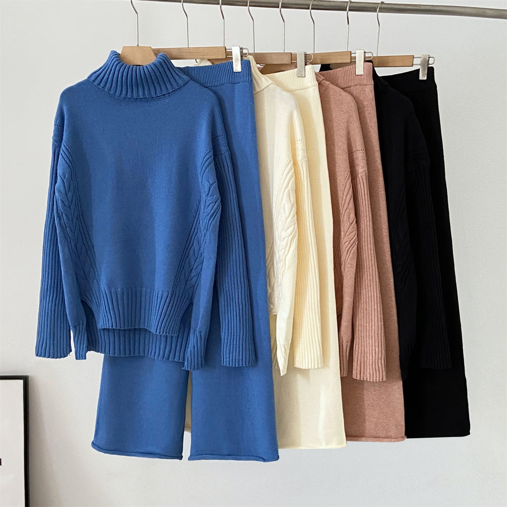 Autumn winternew arrivalknittingsuitelegantcasual slit sense of design high collar sweaterpure colorloose pantstwo-piece set