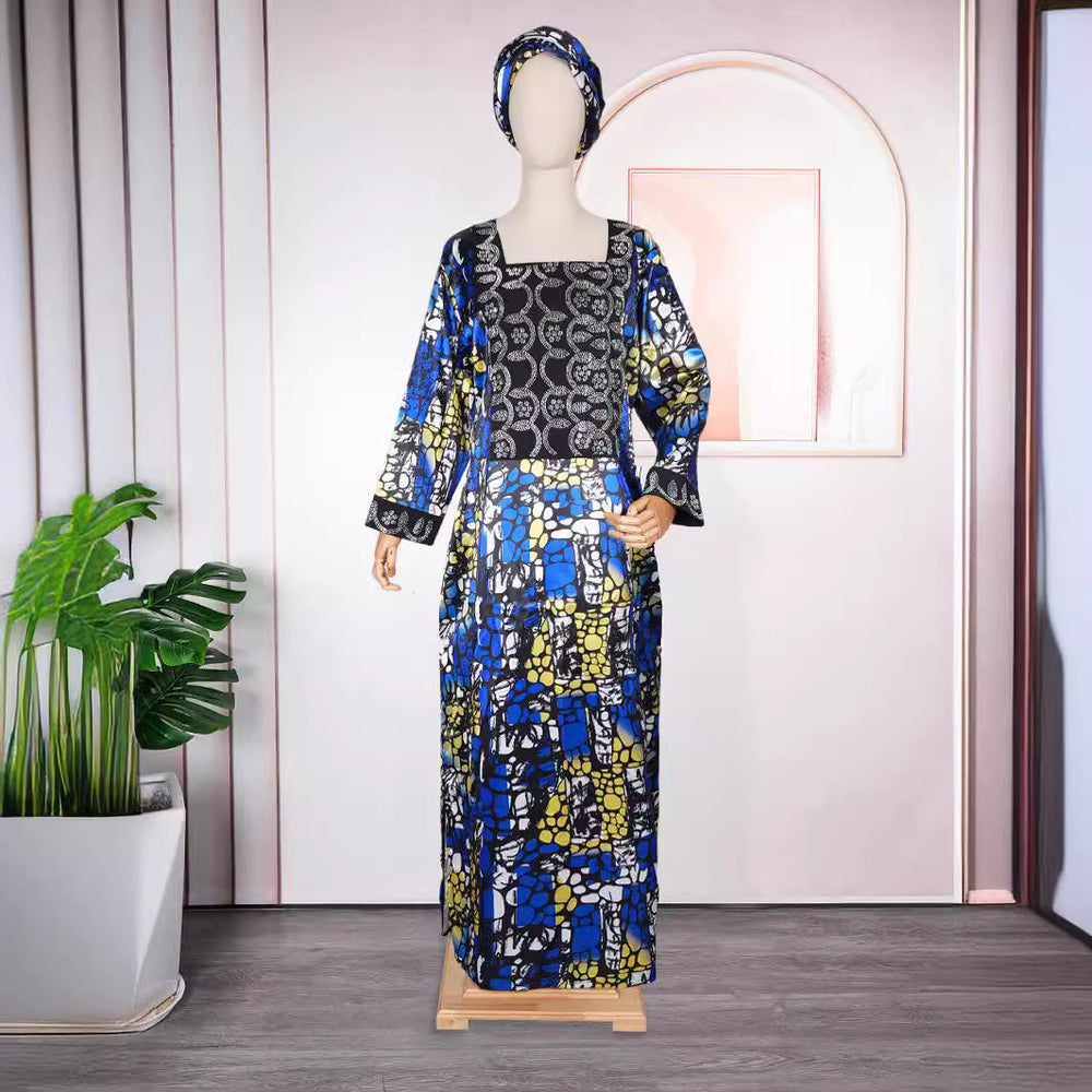 Aliexpress hot-selling crystal satin printed dress with headscarf, rhinestone embellishments, african plus size women's color block robe