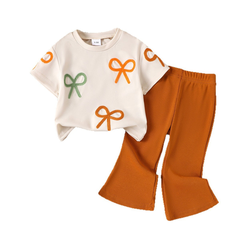 Children's clothing shein cross-border girlsuit apricot short-sleeved t-shirt + coffee color pants