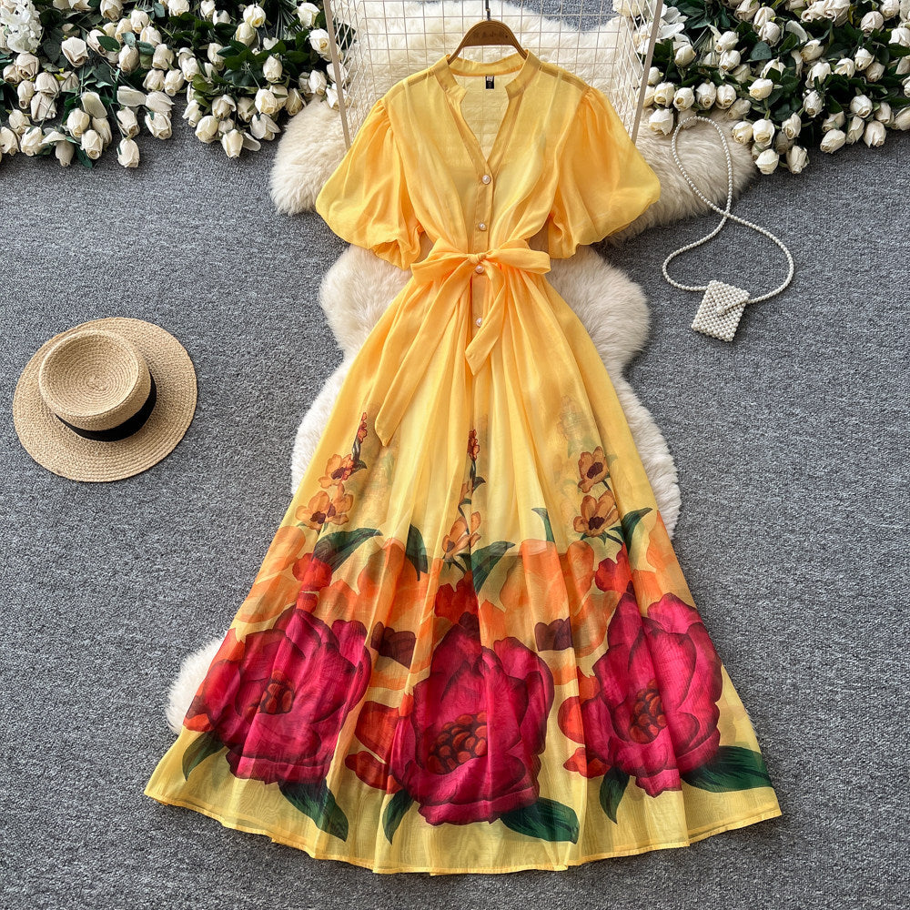 French riviera style v-neck puff sleeve floral print dress - women's summer midi dress with cinched waist and flared skirt