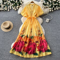 French riviera style v-neck puff sleeve floral print dress - women's summer midi dress with cinched waist and flared skirt
