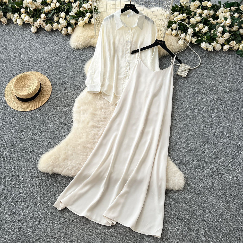 Eleganttwo-piece set women's niche style lazy style outer wear thin looselong sleeves sun protection shirt outwear + suspender dress