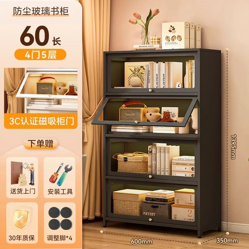 Steel bookcase with glass doors, kids' bookshelf, home living room storage cabinet, dustproof display cabinet, iron art shelf