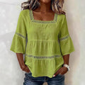 cross-border  summer solid color casual square neck cotton linen lace trimmed three-quarter sleeve top for women