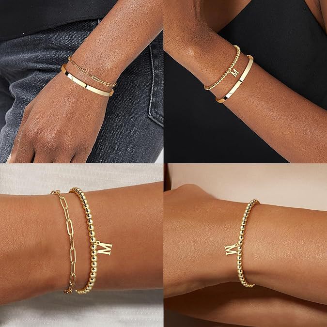 Amazon 26 letter pendant stainless steel gold beads beaded bracelet paper clip chain open bracelet stackable suit