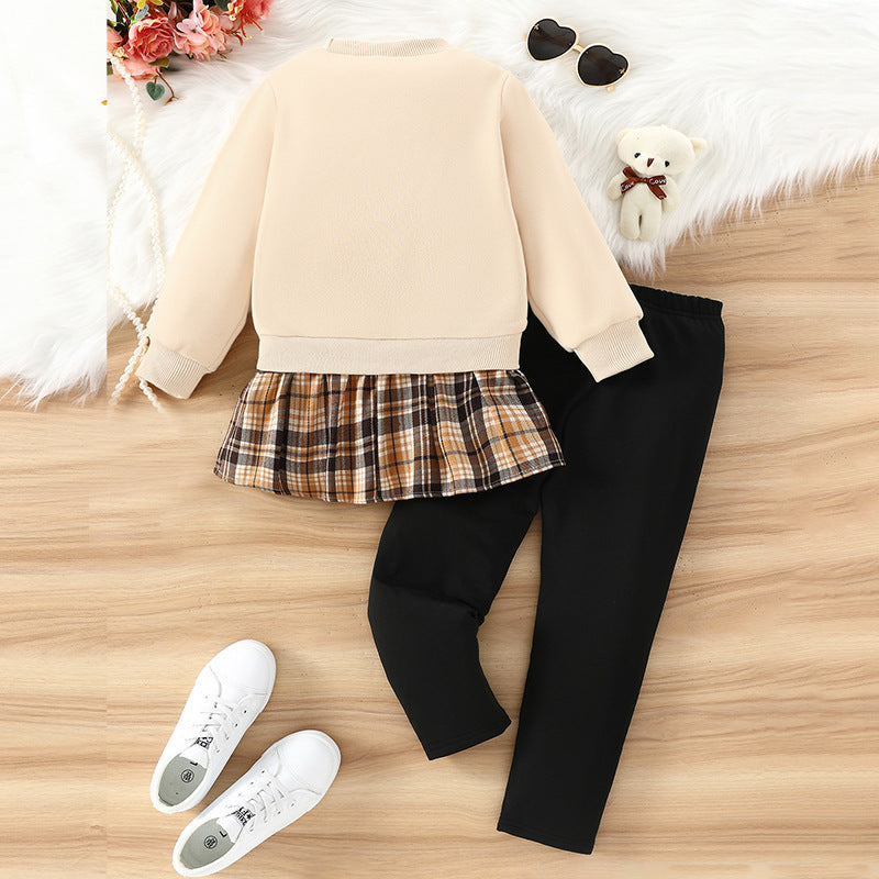girl sweatshirt pants suit khaki bear fake two-piece skirt plaid pants skirt kidstwo-piece set