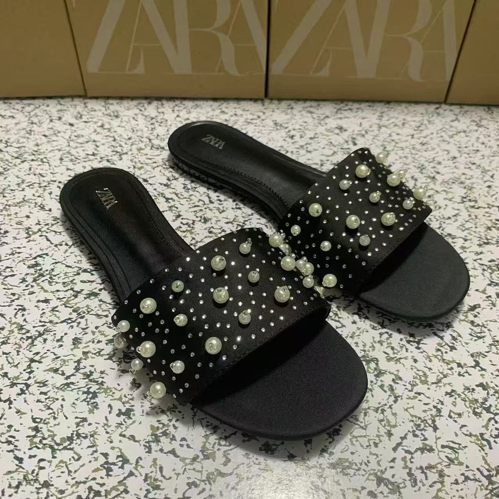 Za's 2025 new women's shoes - direct export, new metal stud flat sandals, square toe women's shoes, versatile style