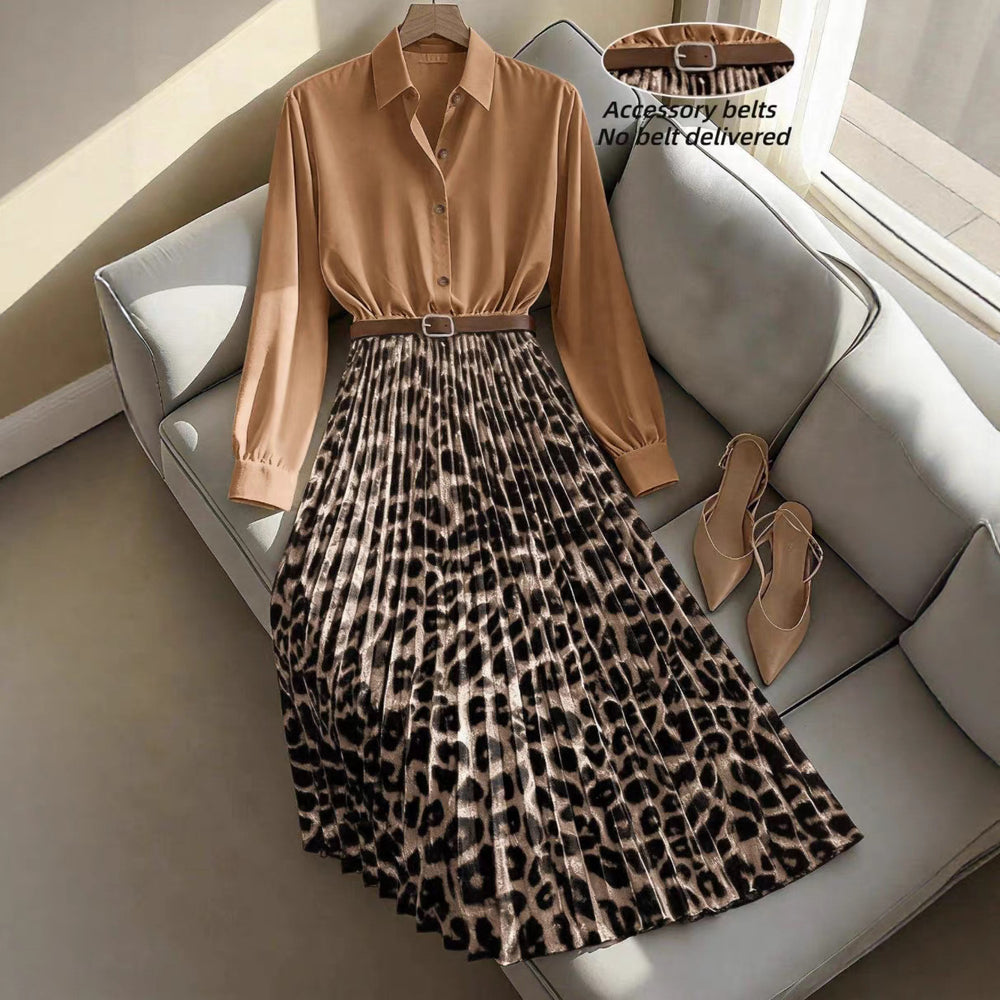 Ready-to-ship  new arrival: women's elegant leopard print patchwork pleated skirt h-line waist slimming dress - dropshipping available