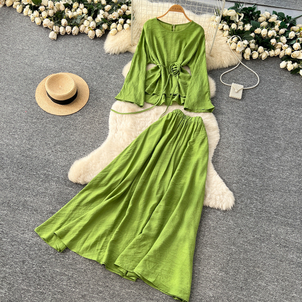 Commuting style classylong sleeves flower strap two-piece set female autum strap waist slimming lookhigh waistsuit skirt