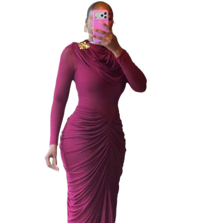 European and american cross-border women's spring  new arrival: elegant solid color, designer slim-fit pleated bodycon maxi dress