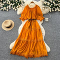 French red puff sleeve commuter short-sleeve dress - women's summer slimming a-line tassel cake dress