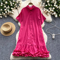 European and american style women's summer dress - unique design, loose fit, slimming, short sleeve, single-breasted, ruffle hem shirt dress