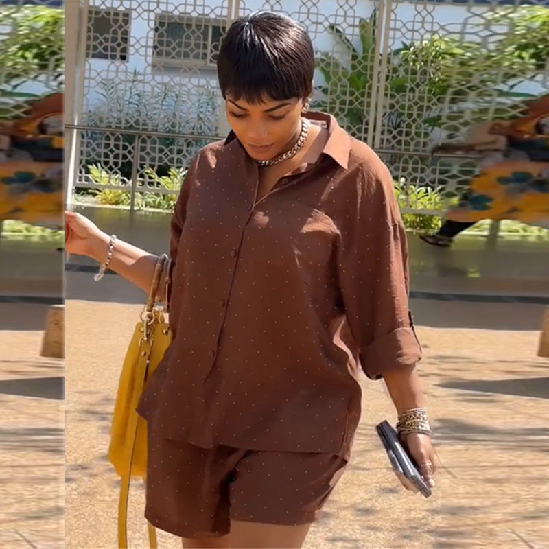 European and american style women's clothing  autumn new collection: sweet and fresh turn-down collar long-sleeve shirt and high-waisted straight-leg shorts two-piece set