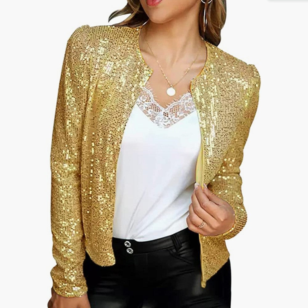 spring new arrival: european and american style fashion stand collar color block sequin jacket - short, casual, and versatile outerwear