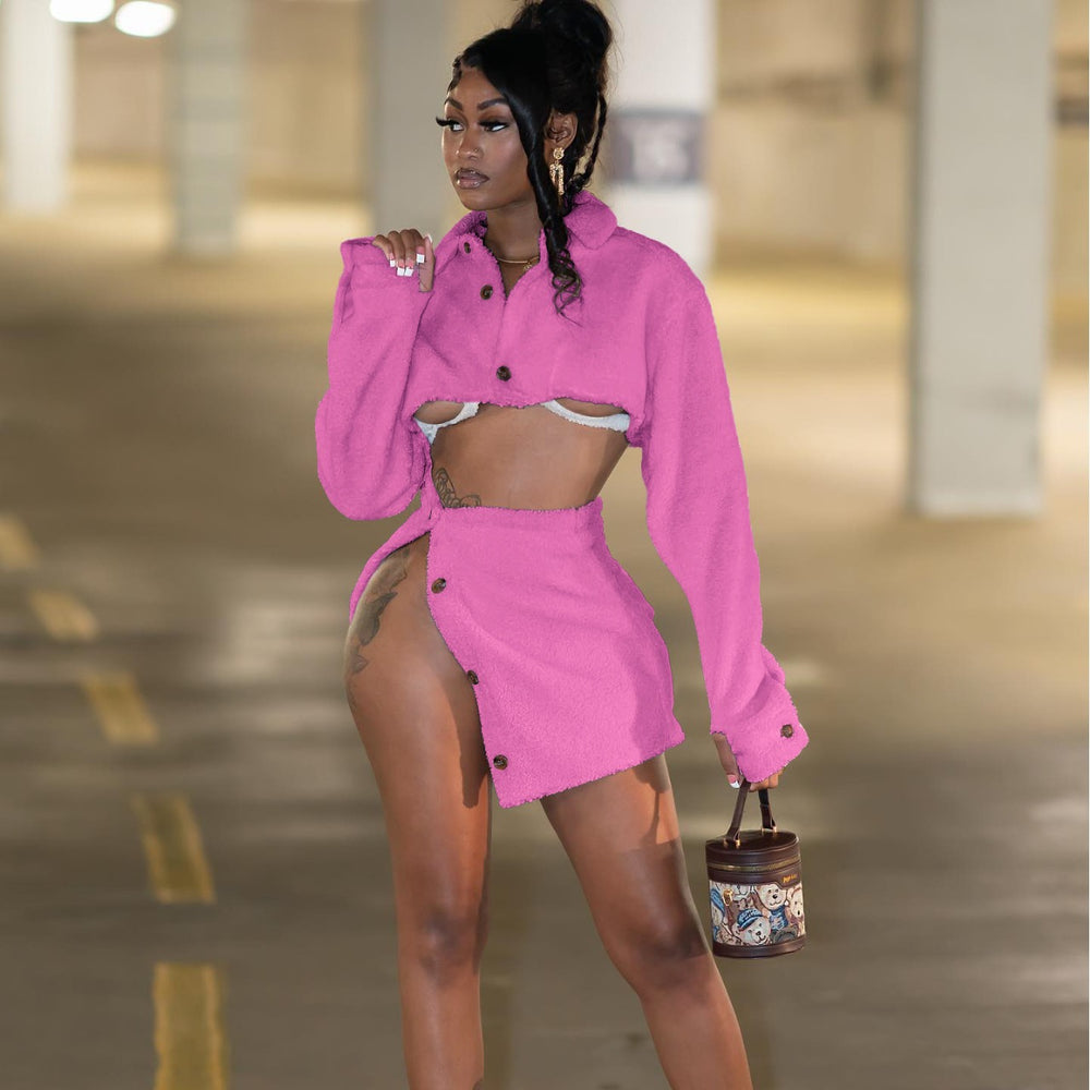Source factory autumn and winter european and american clothing sexy women's imitation lamb cotton belly exposed slit skirt suit