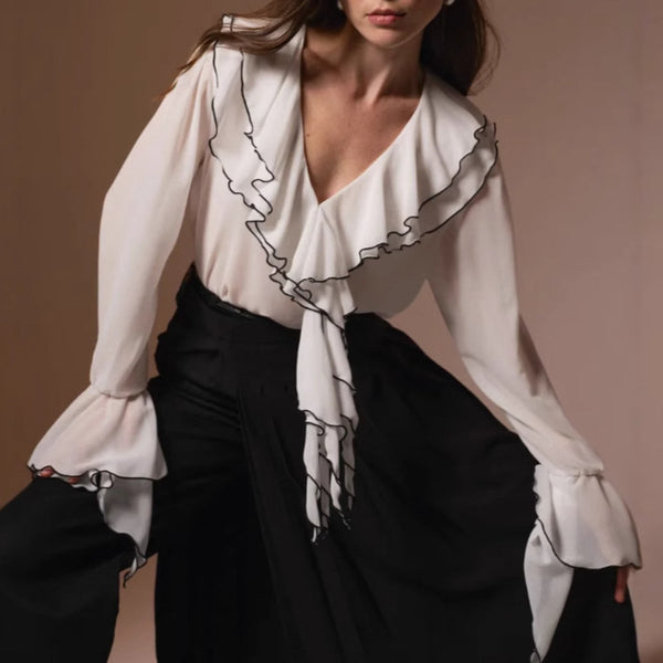 2025 Russian  hot women's clothing ruffle edge streamer design sense long-sleeved shirt elegant French top