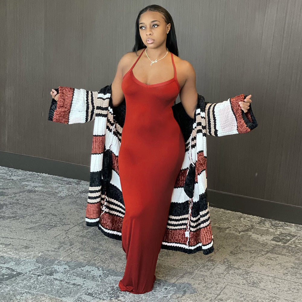 S390081 Foreign trade European and American women's clothing ins new models, sexy solid color suspender dress, fashionable temperament long dress women