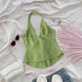 Fashion cross-border exclusive holiday style halter vest frenchretro drawstring waist backlesspure colortopsbackless