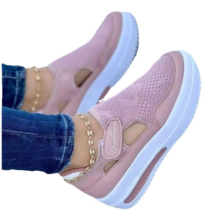 Summerexportplus size fly woven breathable casualflats wedge heel thick solecut out velcro round toe low ankle women's flats