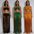 C7438 cross-border   fashion women's sexy strappy top and tassel maxi skirt two-piece set