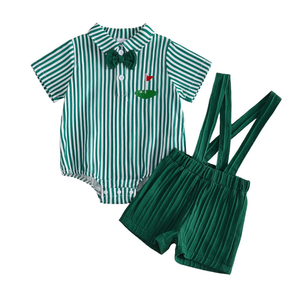 Baby striped golf embroidered overalls shorts set