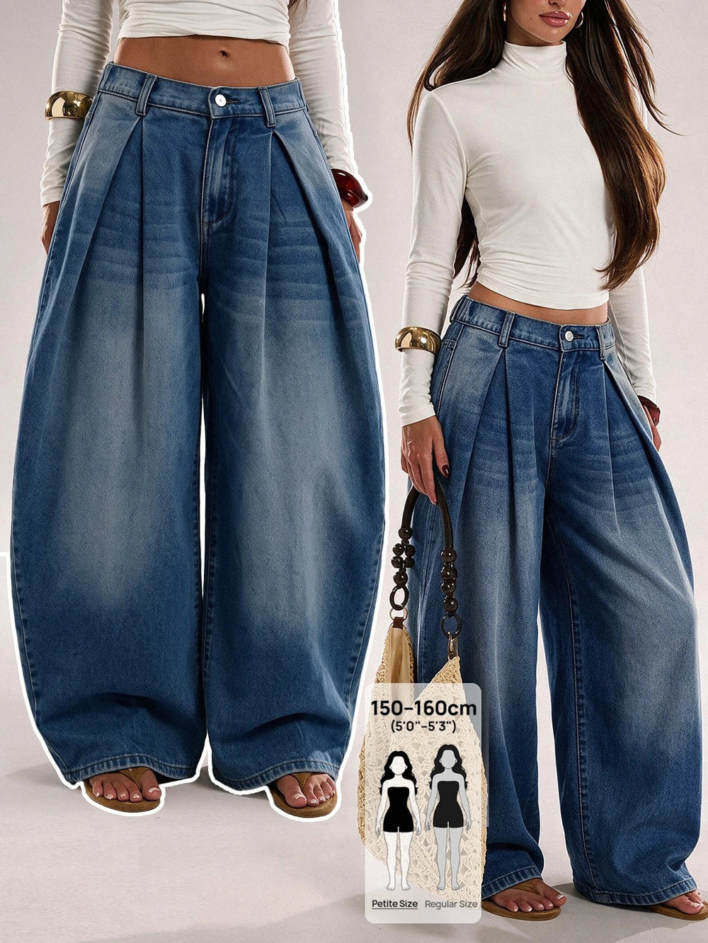 Fashionjeans women's high waist pleated wide leg jeans washed loose pleated large trouser legs draped denim pants
