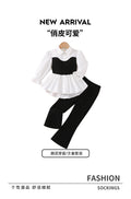 Exportgirlsuit laceknittingvestpatchworkshirt tweed stylelong sleevestopsknitting pants children's two-piece set