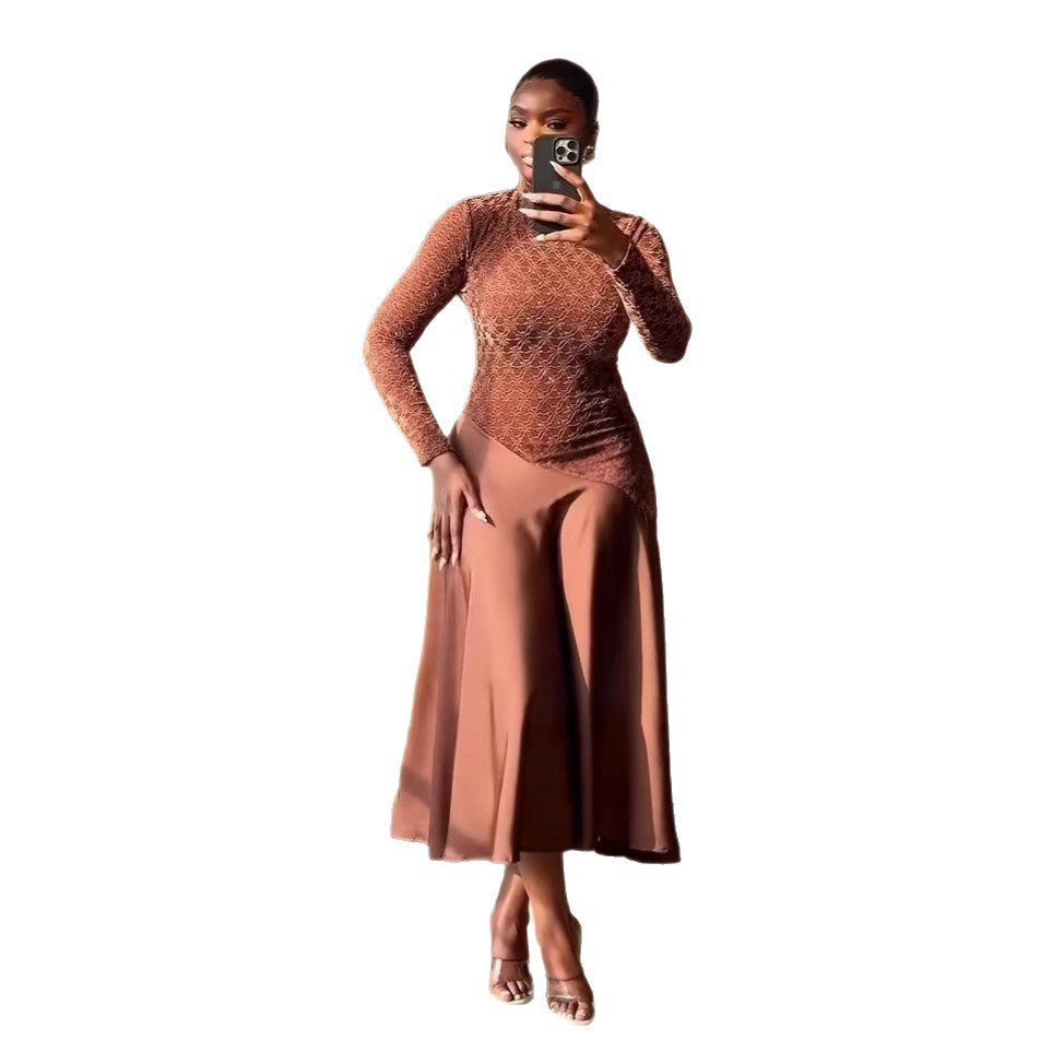 European and american cross-border women's fashion:  spring new arrival - elegant mock neck brown patchwork a-line midi dress